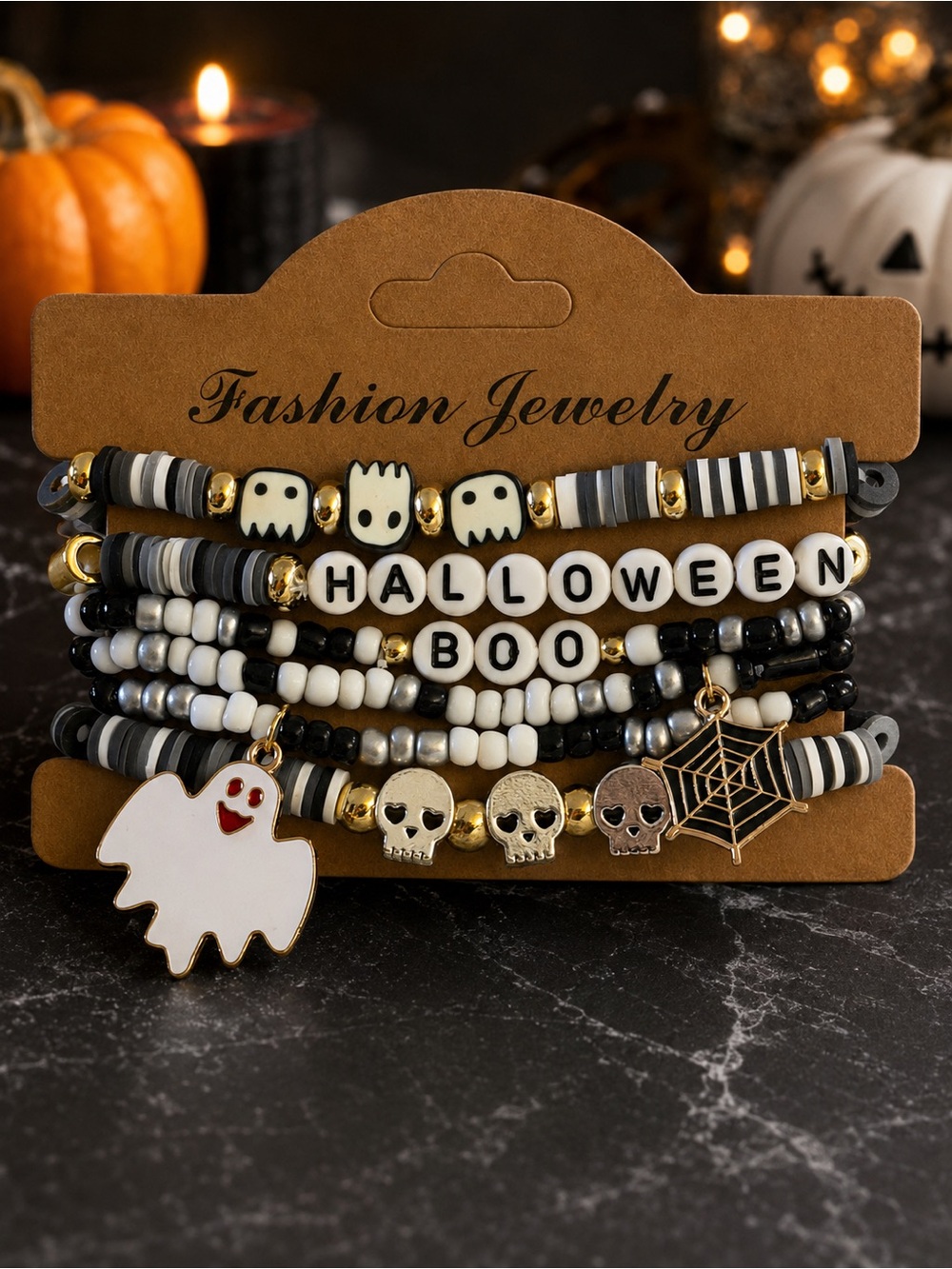 Halloween Boo Stack Bracelet - Black & White